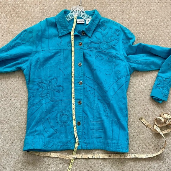 CHICO’S Women’s Teal Jacquard Button Up Long Sleeve 100% Cot Shirt Jacket-Size 2 - Picture 5 of 5